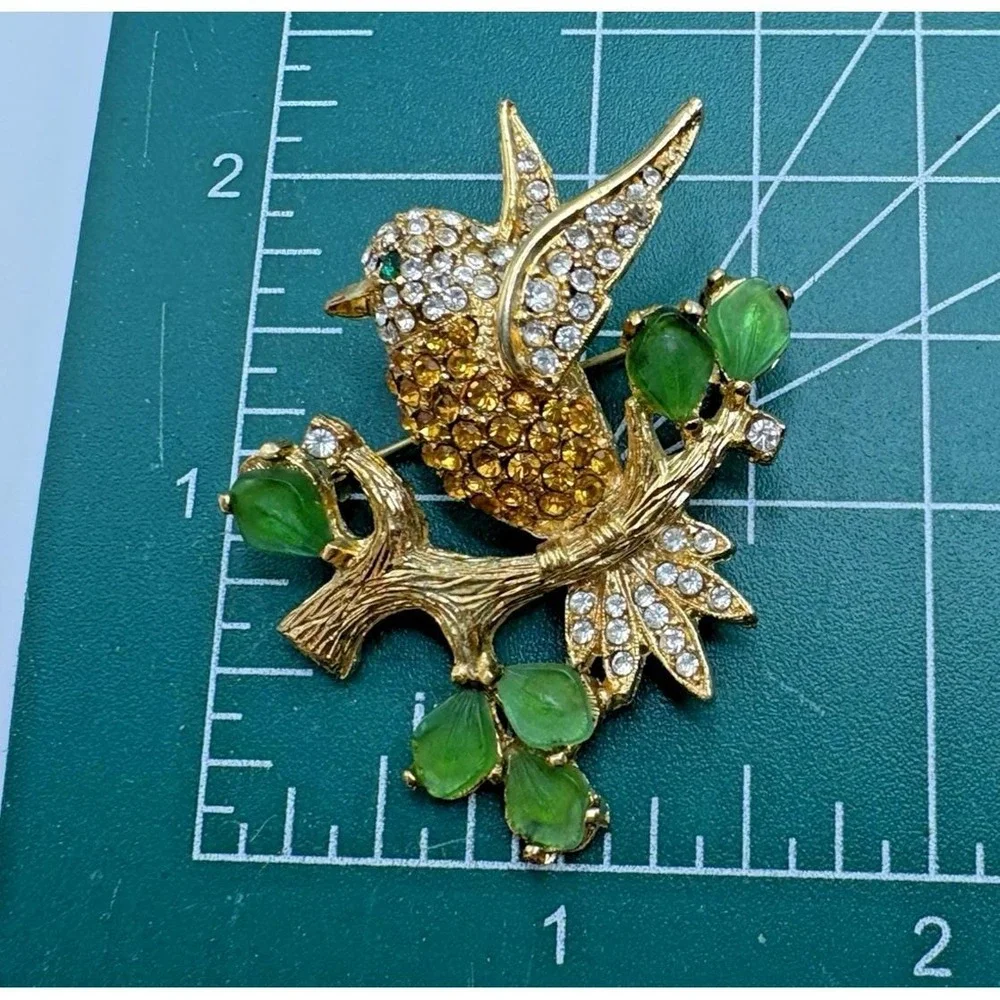 Vintage Hummingbird Brooch Rhinestone Lucite Yellow Green